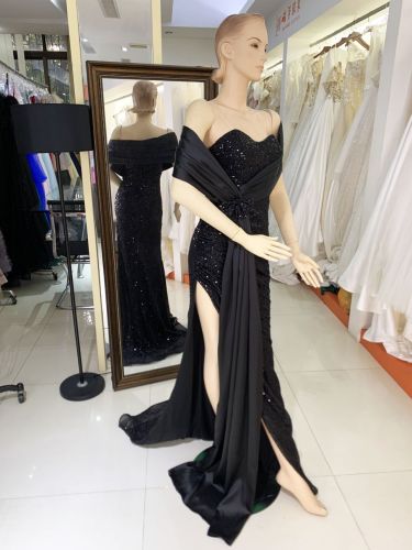 2025 Latest custom black fashion sexy women's cape design strapless corset sequins high slit evening dress