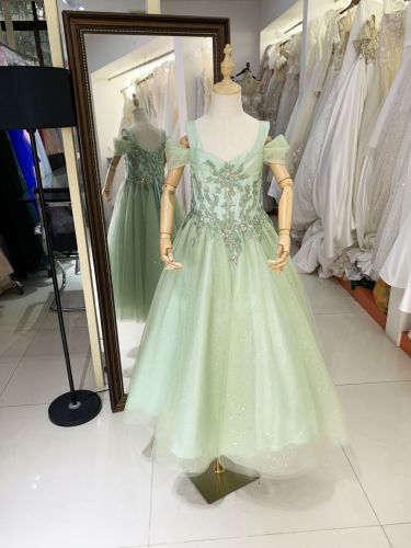 2025 mint green off shoulder sleeve embroidery beading A line lace up back children short evening shiny tulle flower dresses