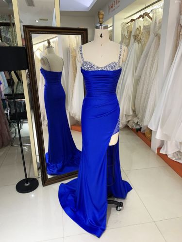 2025 wholesale Royal blue sleeveless beading jersey satin skirt mermaid hand pleated prom evening dresses