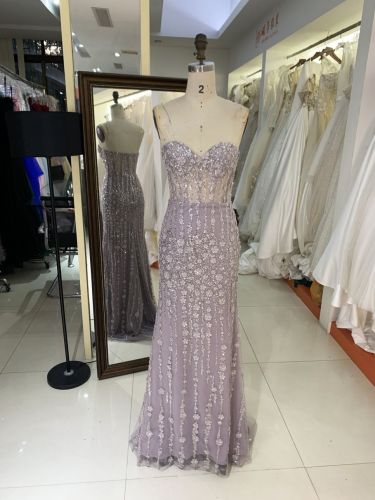 2025 New custom Sexy strapless Lace Embroidered Flower Tulle grey prom dresses party evening dress
