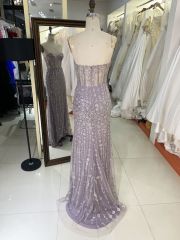 2025 New custom Sexy strapless Lace Embroidered Flower Tulle grey prom dresses party evening dress