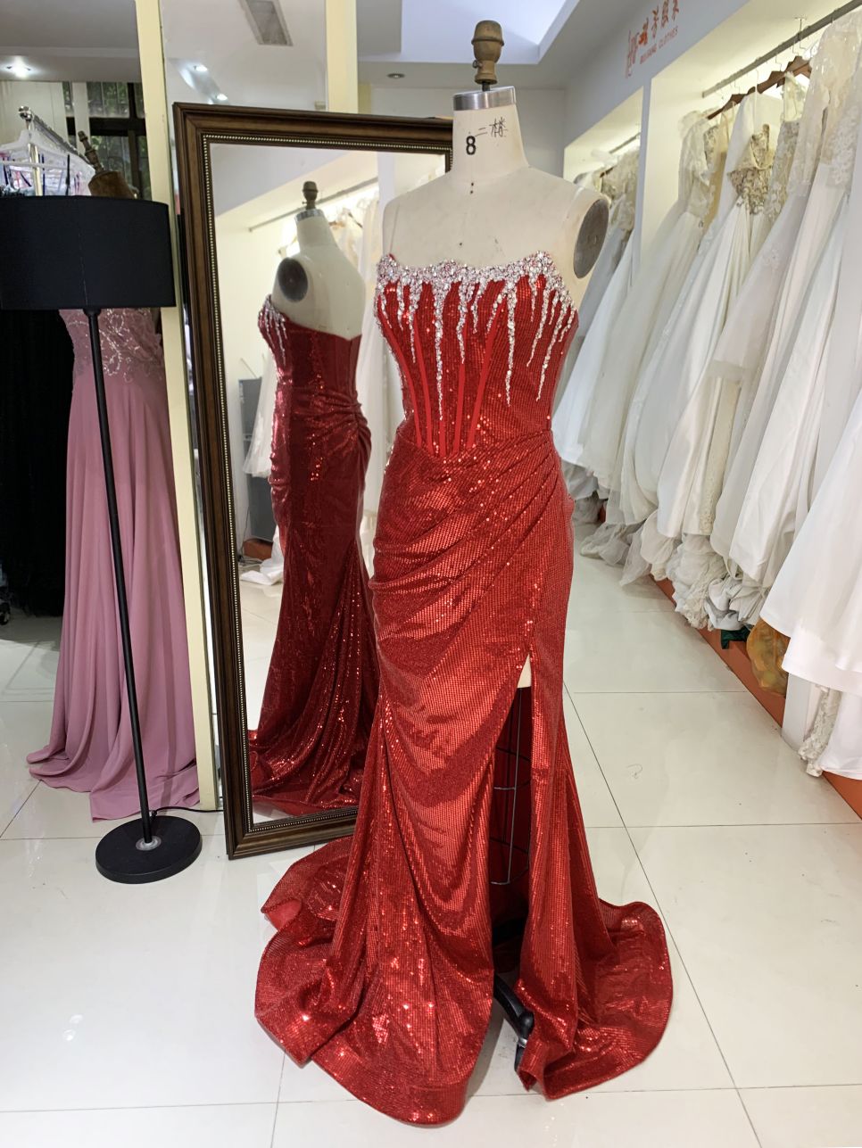 2025 Latest custom crystal stone glitter evening dress women's new luxury mermaid elegant pleated high slit prom dress