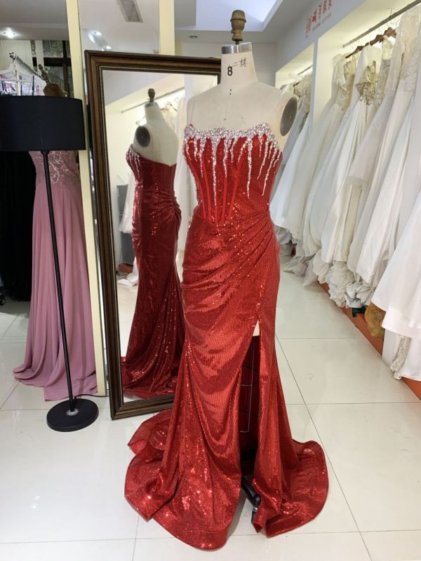 2025 Latest custom crystal stone glitter evening dress women's new luxury mermaid elegant pleated high slit prom dress