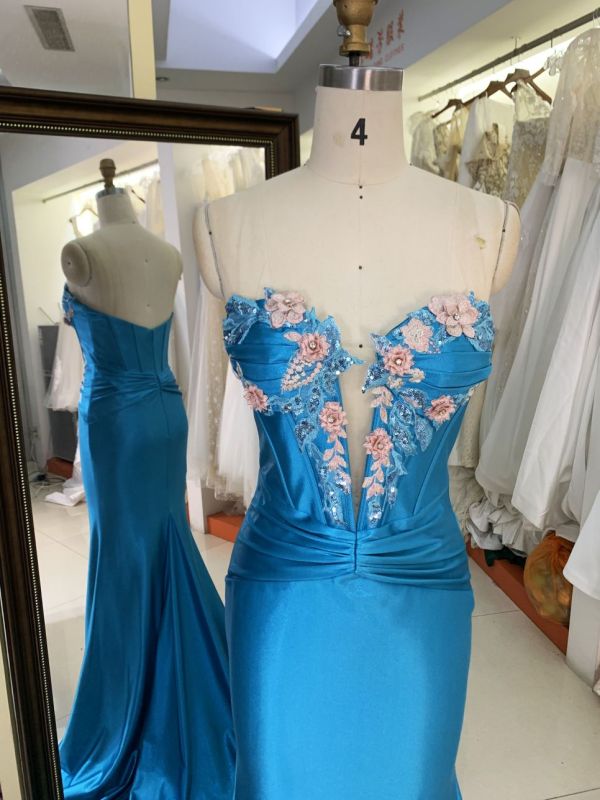 2025 Latest custom teal contrast color sexy deep V-neck satin evening dress women's slim fit slit mermaid prom dress