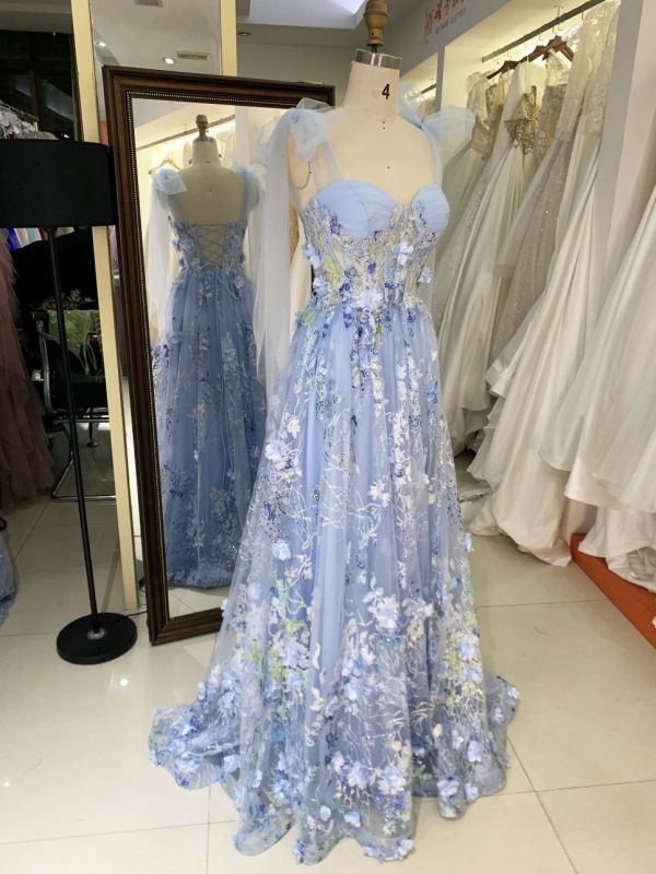 2025 Milky blue 3D flowers sweetheart lace evening dress A-line skirt with shawl colorful custom prom dress