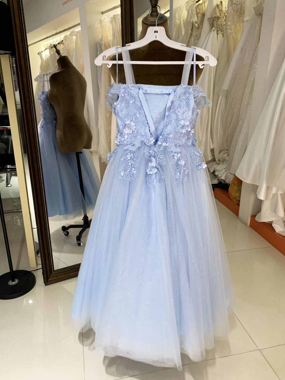 New style light blue fairy dress square neck temperament sling white mesh princess performance costume dress for children