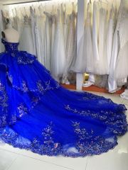 2025 New custom high quality latest 3D flowers lace embroidery dresses evening ball gowns royal blue quinceanera dress