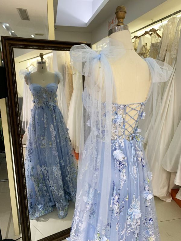 2025 Milky blue 3D flowers sweetheart lace evening dress A-line skirt with shawl colorful custom prom dress