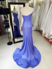2025 wholesale dusty blue sleeveless beading tassels satin skirt mermaid prom evening dresses
