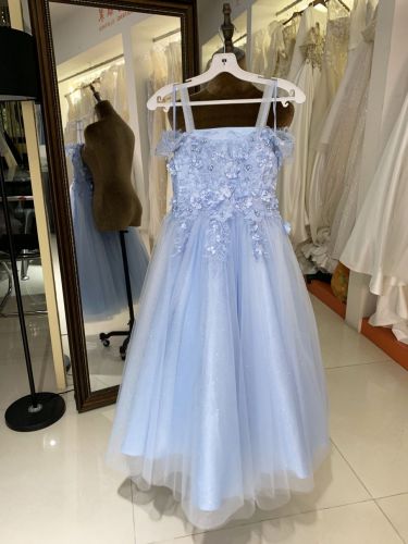 New style light blue fairy dress square neck temperament sling white mesh princess performance costume dress for children