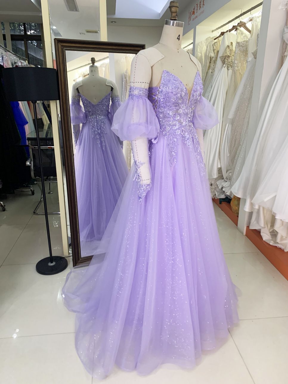2025 New fashion custom lilac sweetheart off-shoulder puff short-sleeved removable high waist elegant large size prom dresses