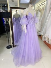 2025 New fashion custom lilac sweetheart off-shoulder puff short-sleeved removable high waist elegant large size prom dresses