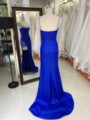 2025 wholesale Royal blue sleeveless beading jersey satin skirt mermaid hand pleated prom evening dresses