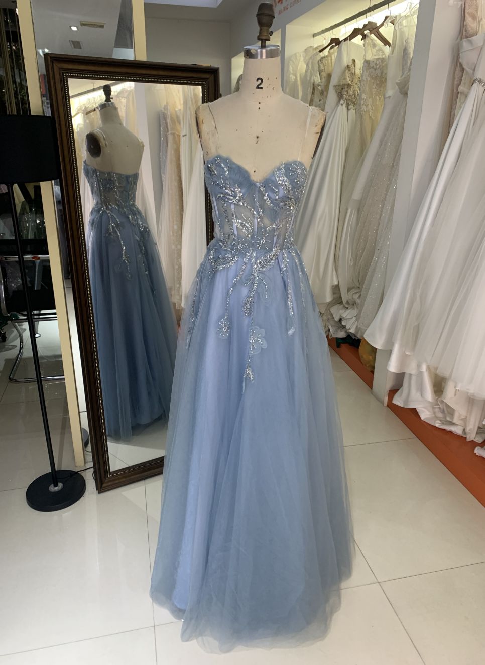 2025 New 3D flower sequins A line strapless boning fancy evening blue prom dress tule for girls