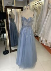 2025 New 3D flower sequins A line strapless boning fancy evening blue prom dress tule for girls
