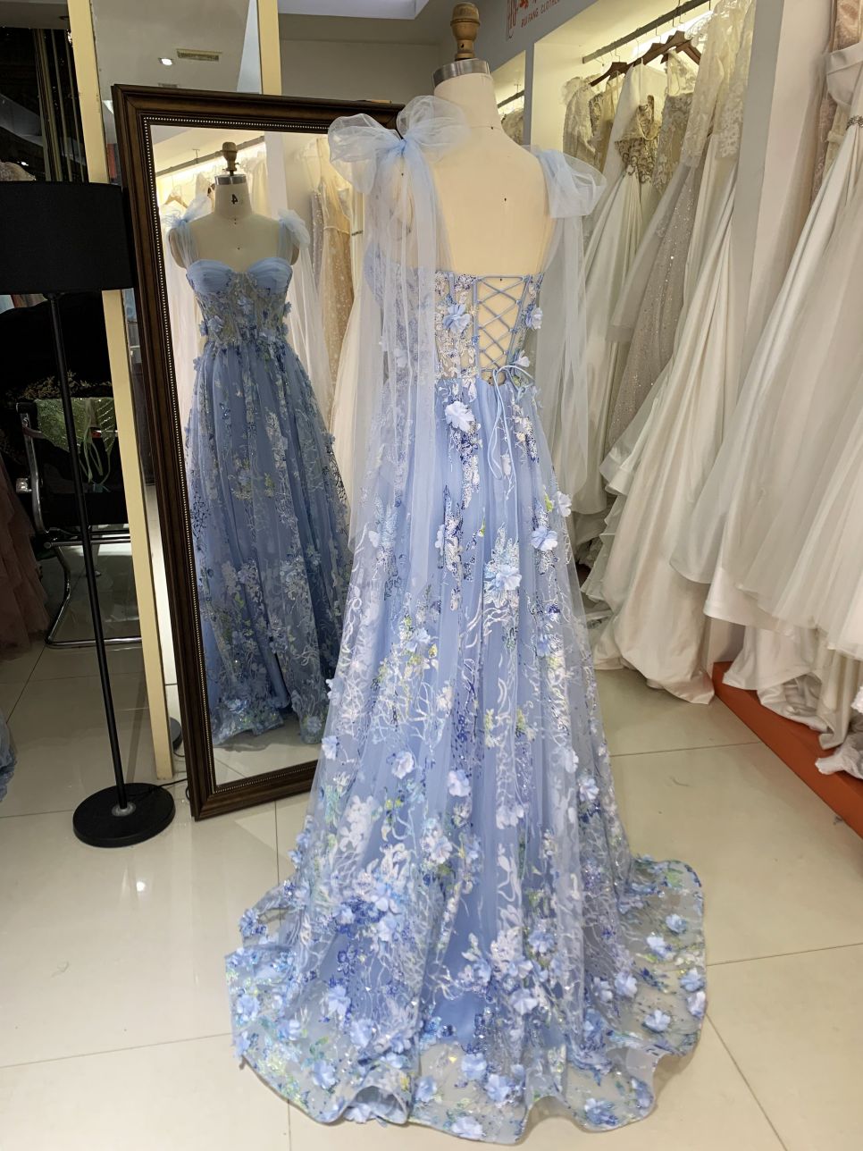 2025 Milky blue 3D flowers sweetheart lace evening dress A-line skirt with shawl colorful custom prom dress