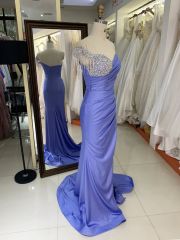 2025 wholesale dusty blue sleeveless beading tassels satin skirt mermaid prom evening dresses