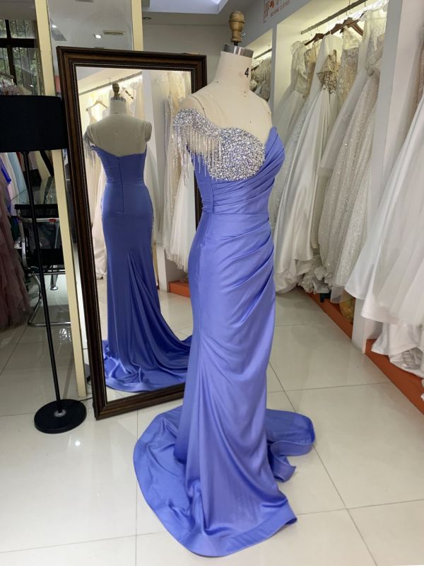 2025 wholesale dusty blue sleeveless beading tassels satin skirt mermaid prom evening dresses