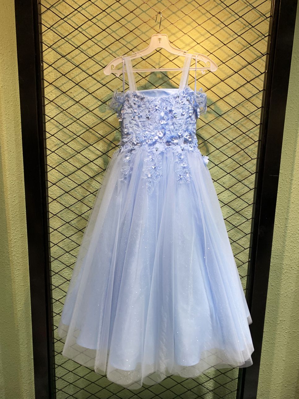 New style light blue fairy dress square neck temperament sling white mesh princess performance costume dress for children