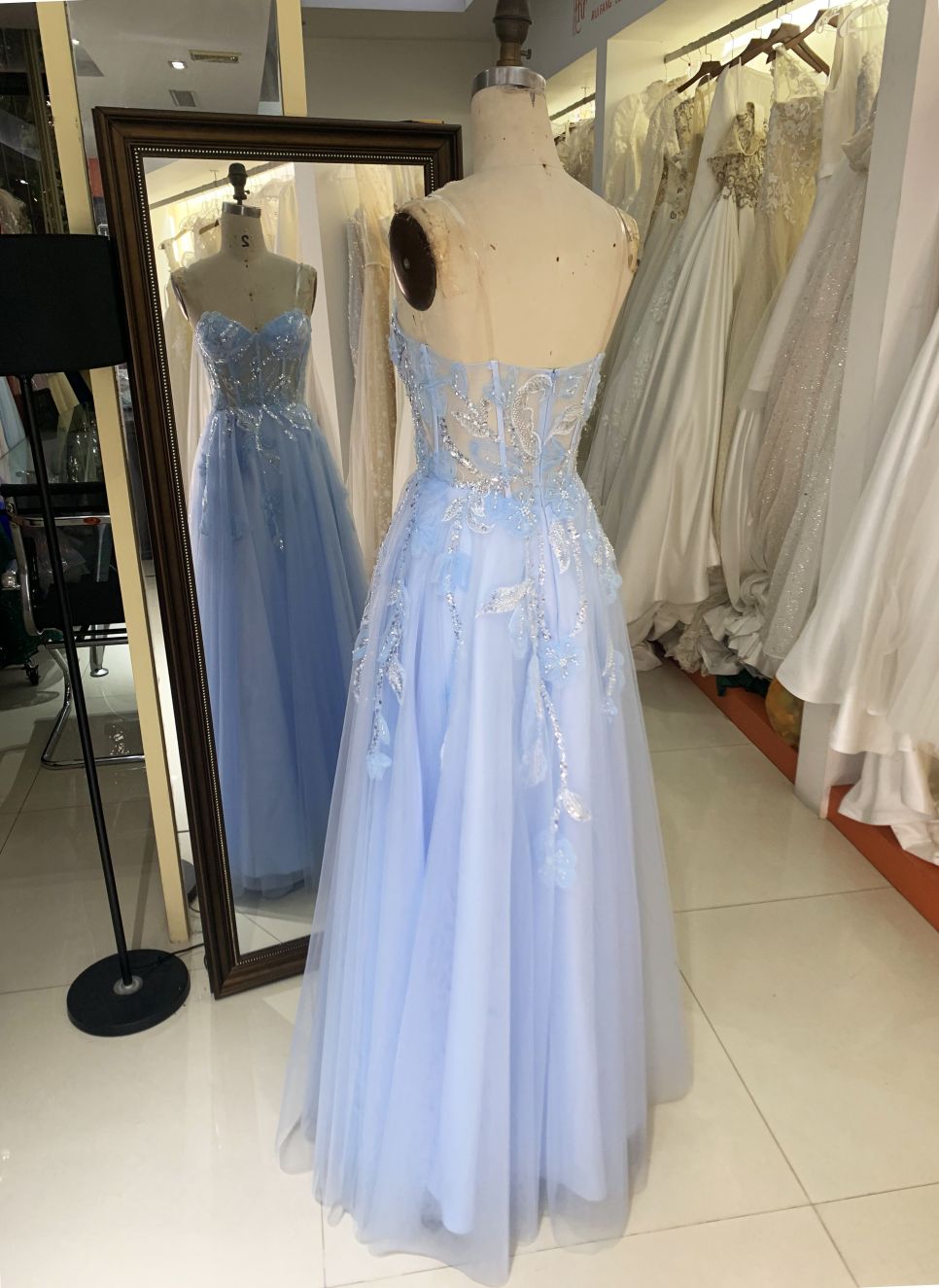 2025 New 3D flower sequins A line strapless boning fancy evening blue prom dress tule for girls