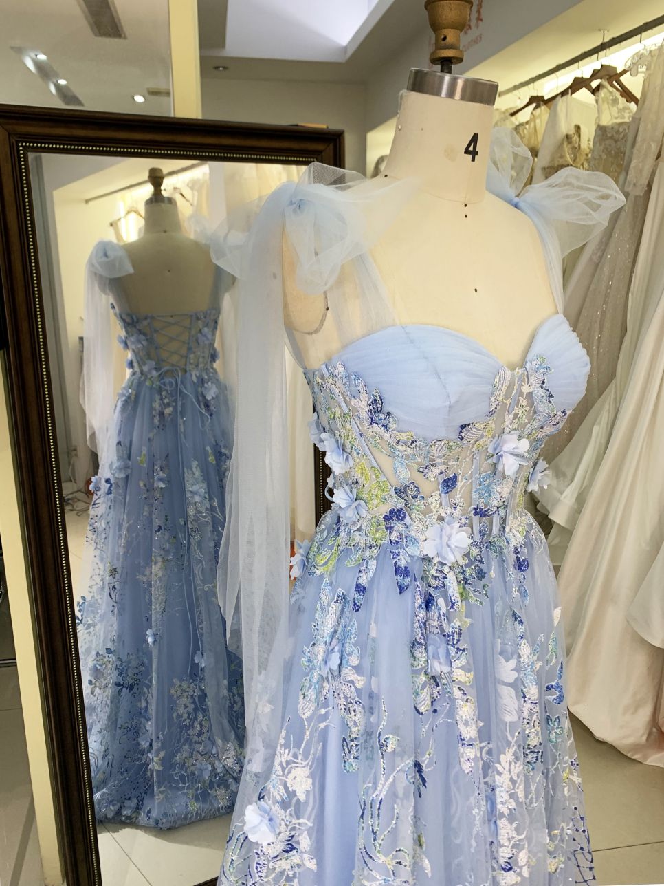 2025 Milky blue 3D flowers sweetheart lace evening dress A-line skirt with shawl colorful custom prom dress