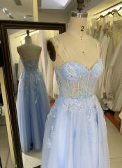 2025 New 3D flower sequins A line strapless boning fancy evening blue prom dress tule for girls