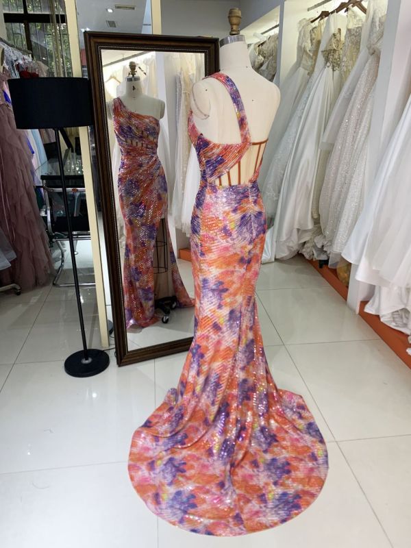 2025 New sequins multi color one shoulder boning pleat fancy evening prom dresses for black girls