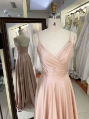 2025 wholesale sleeveless hand pleated champagne A line satin zipper up prom dresses