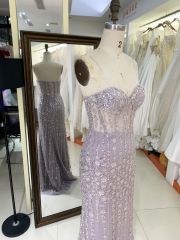 2025 New custom Sexy strapless Lace Embroidered Flower Tulle grey prom dresses party evening dress