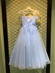 New style light blue fairy dress square neck temperament sling white mesh princess performance costume dress for children