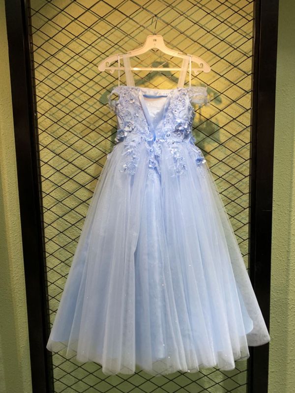 New style light blue fairy dress square neck temperament sling white mesh princess performance costume dress for children