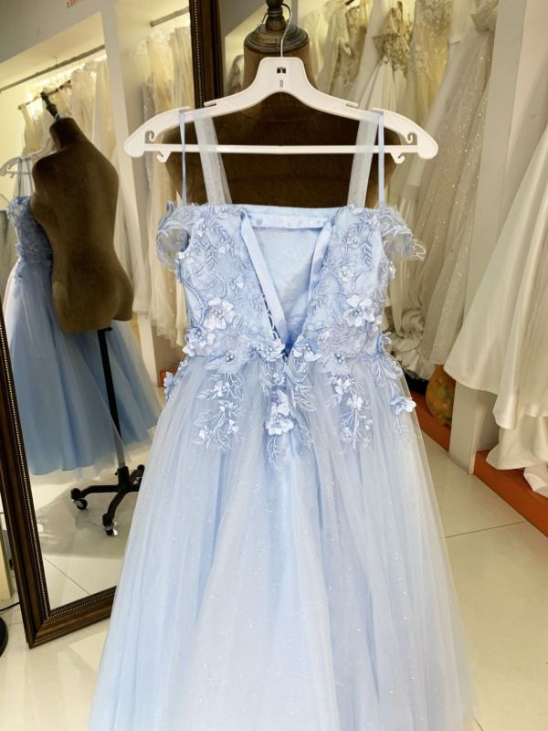 New style light blue fairy dress square neck temperament sling white mesh princess performance costume dress for children