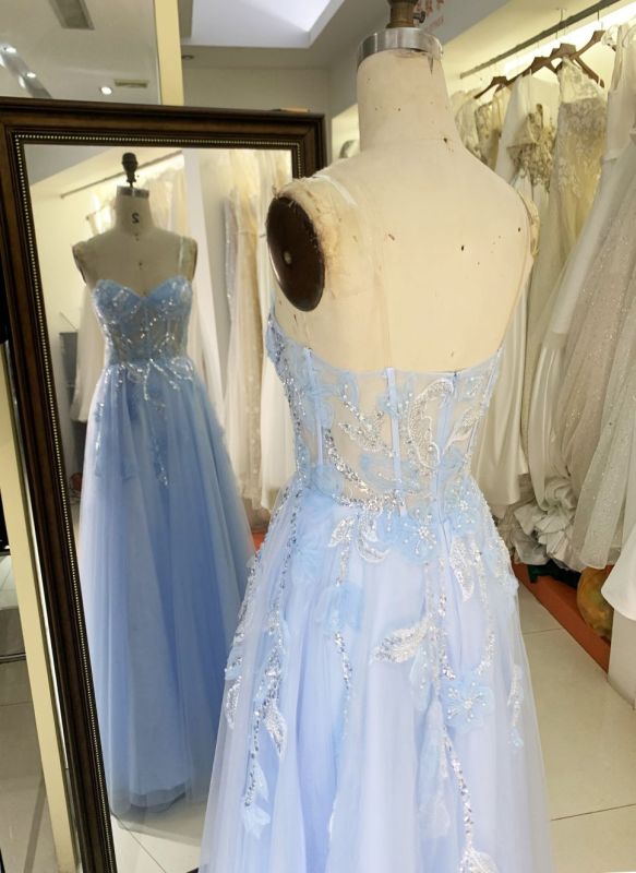 2025 New 3D flower sequins A line strapless boning fancy evening blue prom dress tule for girls