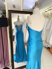 2025 Latest custom teal contrast color sexy deep V-neck satin evening dress women's slim fit slit mermaid prom dress