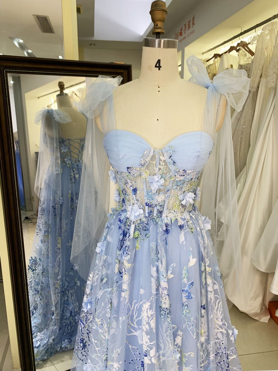2025 Milky blue 3D flowers sweetheart lace evening dress A-line skirt with shawl colorful custom prom dress