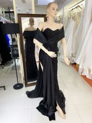 2025 Latest custom black fashion sexy women's cape design strapless corset sequins high slit evening dress