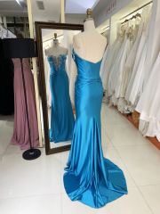 2025 Latest custom teal contrast color sexy deep V-neck satin evening dress women's slim fit slit mermaid prom dress
