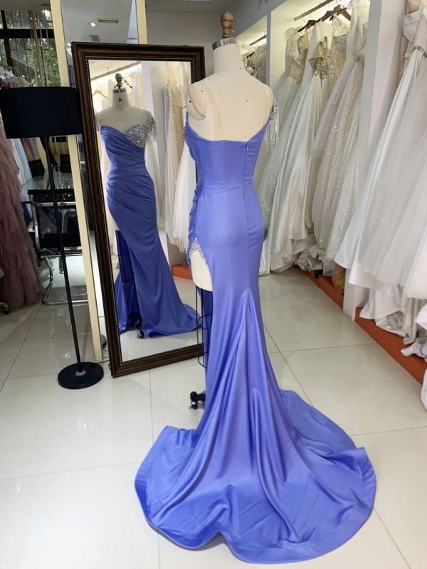 2025 wholesale dusty blue sleeveless beading tassels satin skirt mermaid prom evening dresses