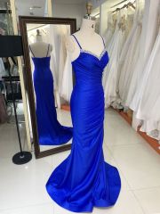 2025 wholesale Royal blue sleeveless hand pleated beading mermaid zipper up back prom evening dresses