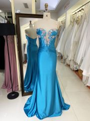 2025 Latest custom teal contrast color sexy deep V-neck satin evening dress women's slim fit slit mermaid prom dress