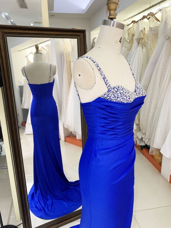 2025 wholesale Royal blue sleeveless beading jersey satin skirt mermaid hand pleated prom evening dresses