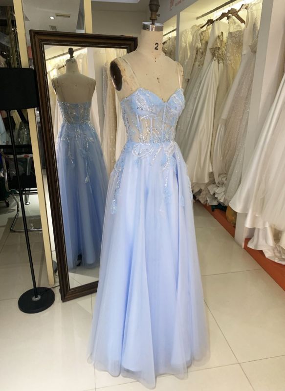 2025 New 3D flower sequins A line strapless boning fancy evening blue prom dress tule for girls