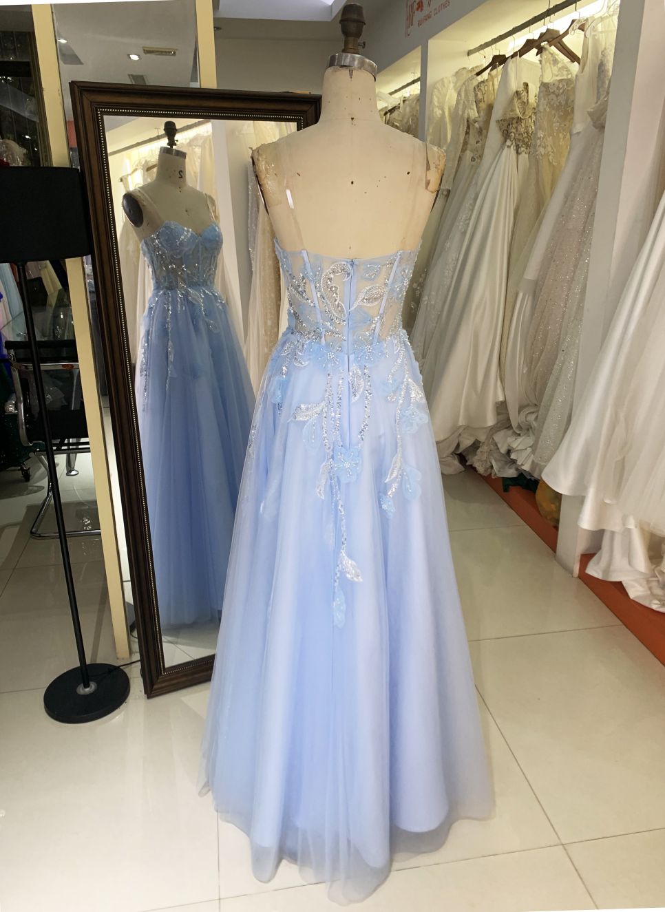 2025 New 3D flower sequins A line strapless boning fancy evening blue prom dress tule for girls