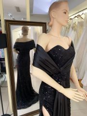2025 Latest custom black fashion sexy women's cape design strapless corset sequins high slit evening dress