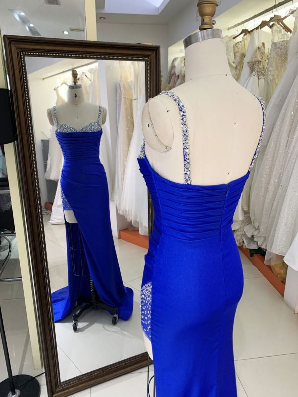 2025 wholesale Royal blue sleeveless beading jersey satin skirt mermaid hand pleated prom evening dresses