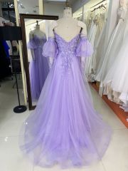 2025 New fashion custom lilac sweetheart off-shoulder puff short-sleeved removable high waist elegant large size prom dresses