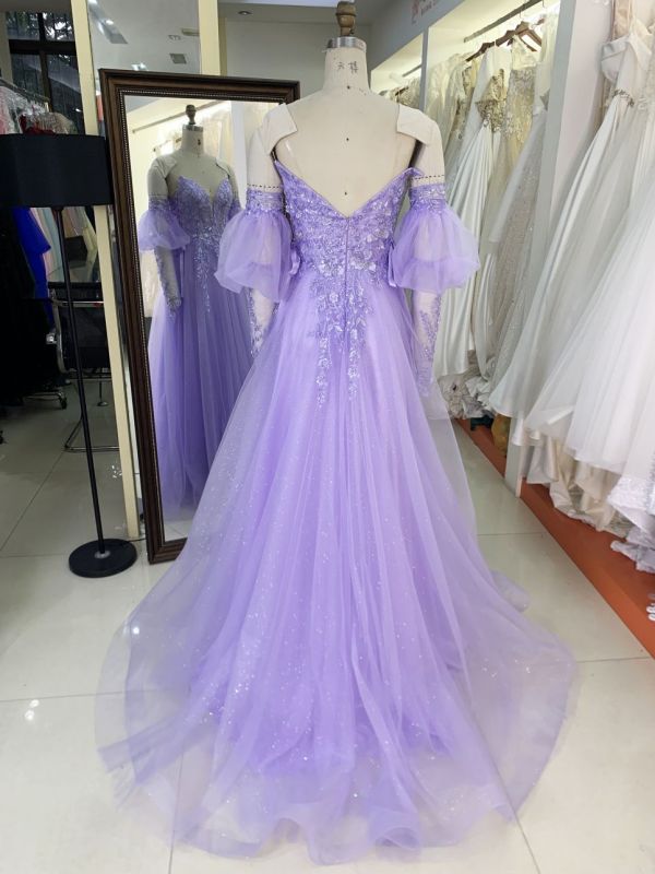 2025 New fashion custom lilac sweetheart off-shoulder puff short-sleeved removable high waist elegant large size prom dresses