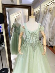 2025 mint green off shoulder sleeve embroidery beading A line lace up back children short evening shiny tulle flower dresses