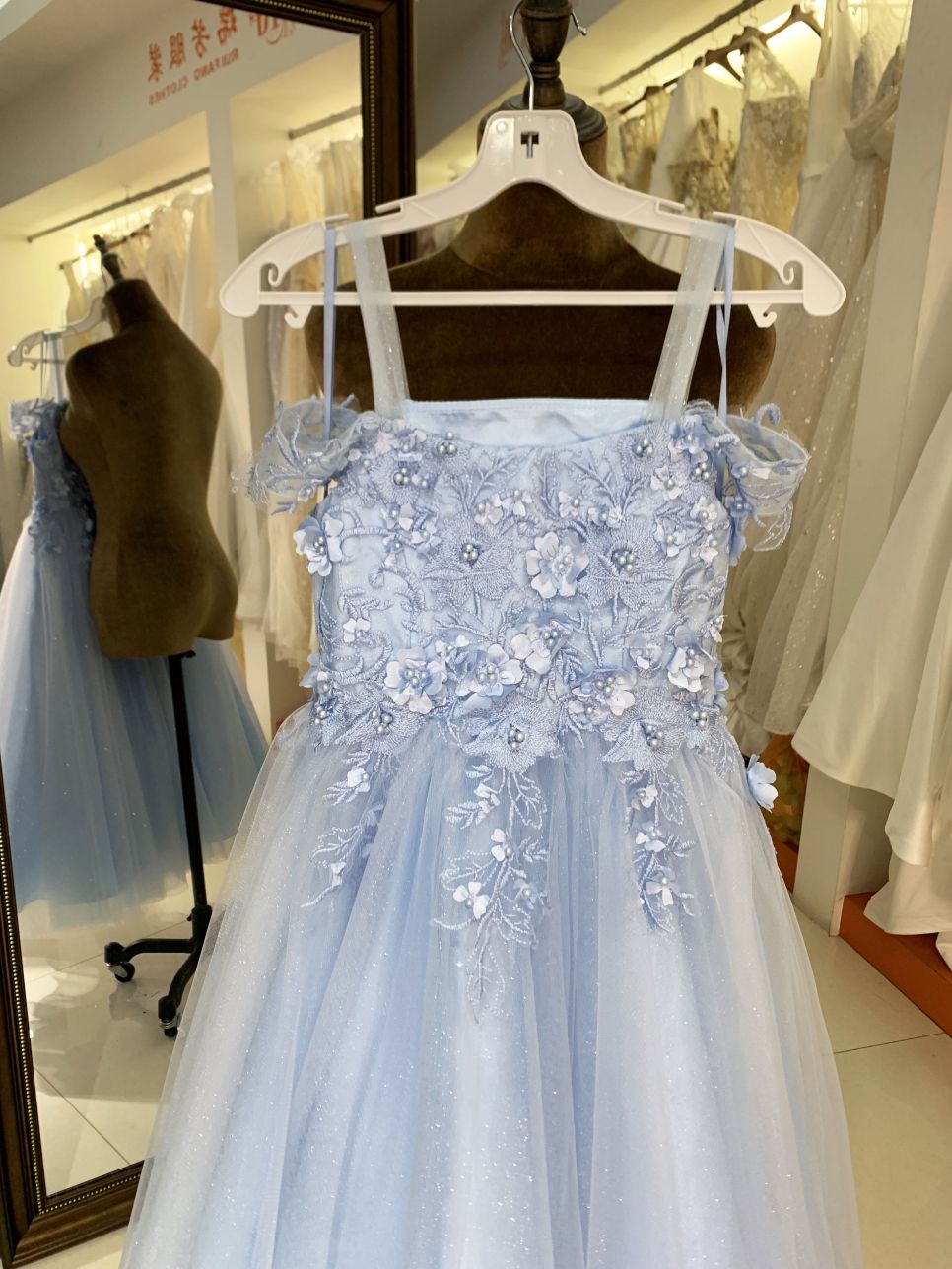 New style light blue fairy dress square neck temperament sling white mesh princess performance costume dress for children