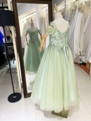 2025 mint green off shoulder sleeve embroidery beading A line lace up back children short evening shiny tulle flower dresses